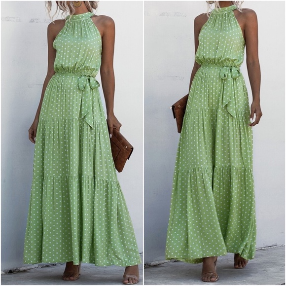 BellanBlue Dresses & Skirts - Boho Pastel Green Floral Print Halter Maxi Dress Ruffle